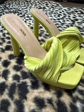 Fashion Nova Neon Green Knotted Pleat High Heel Sandals